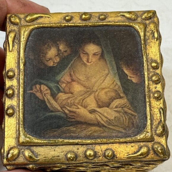 VTG Italian Florentine Mini Wooden Trinket Box Madonna & Child Hinged 2.5" - Picture 2 of 16